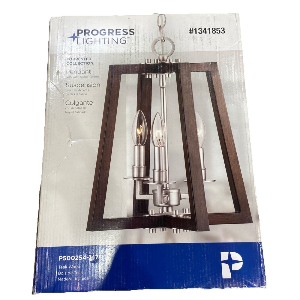 Progress Lighting Forrester 3Light TeakWood SatinNickel Farmhouse LanternPendant